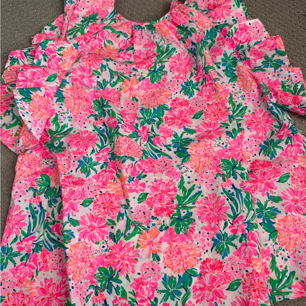 Lilly Pulitzer Pink Green Floral Ruffle Sleeveless Blouse - Picture 2 of 3